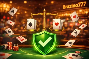 Balanza con cartas y escudo verde de seguridad en casino Brazino777