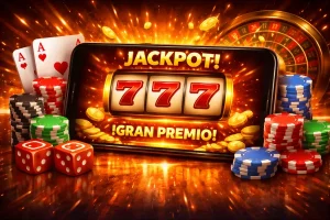 Smartphone horizontal con tragamonedas 777 jackpot rodeado de fichas, dados, cartas y ruleta en estilo casino online